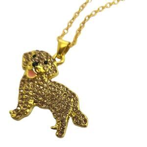 Gold Tone Round Gold Crystal Golden Retriever Dog Pendant 18"